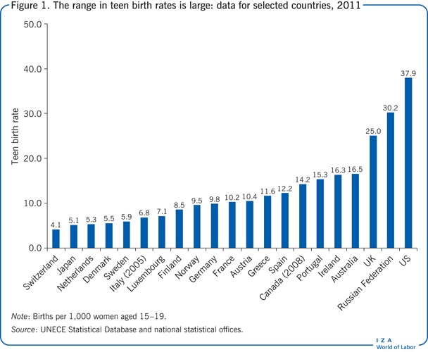 青少年出生率的差异很大:2011年选定国家的数据